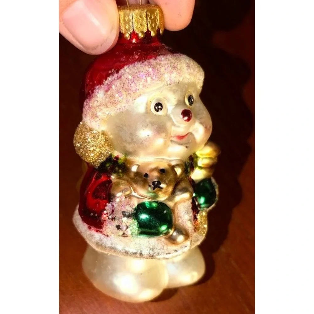 Vintage Glass Santa Christmas Ornament with Teddy Bear Iridescent Glitter Z0790